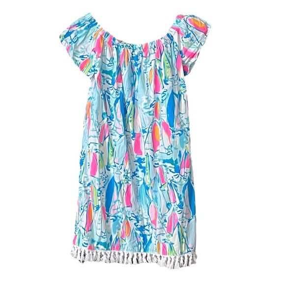 Lilly Pulitzer Bae Sunglow Blue Pink Sailboat Off Shoulder Dress Small - Picture 2 of 3